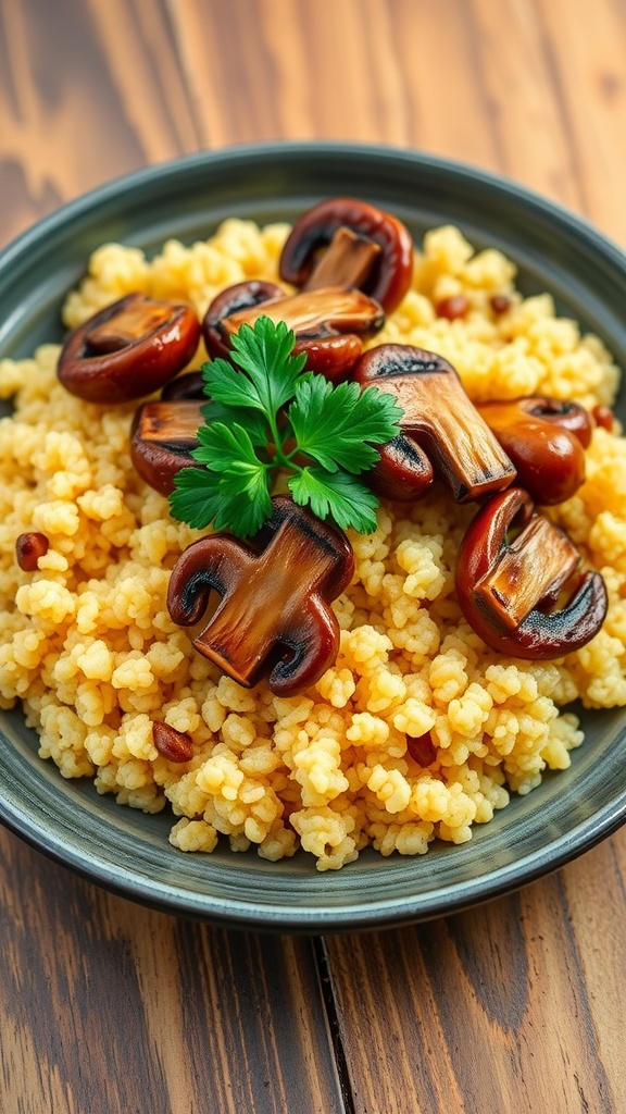 A plate of quinoa with sautéed mushrooms garnished with parsley, on a rustic table.